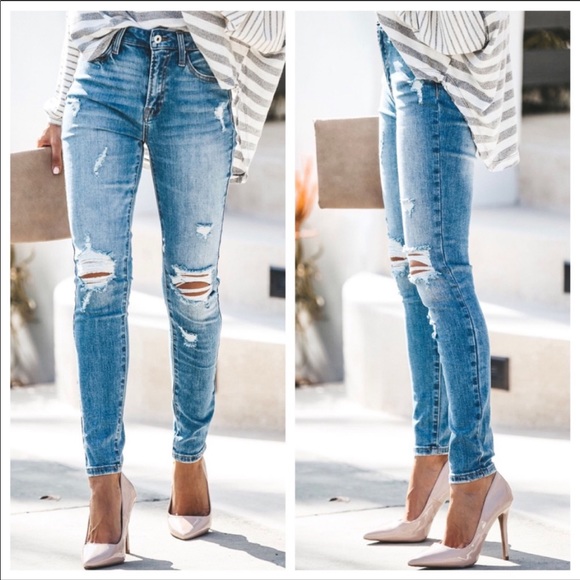 Denim - High Rise Distressed Skinny Jeans